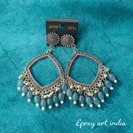 Silver Square Shape Jhumka with Steel Blue Beads for Resin Art