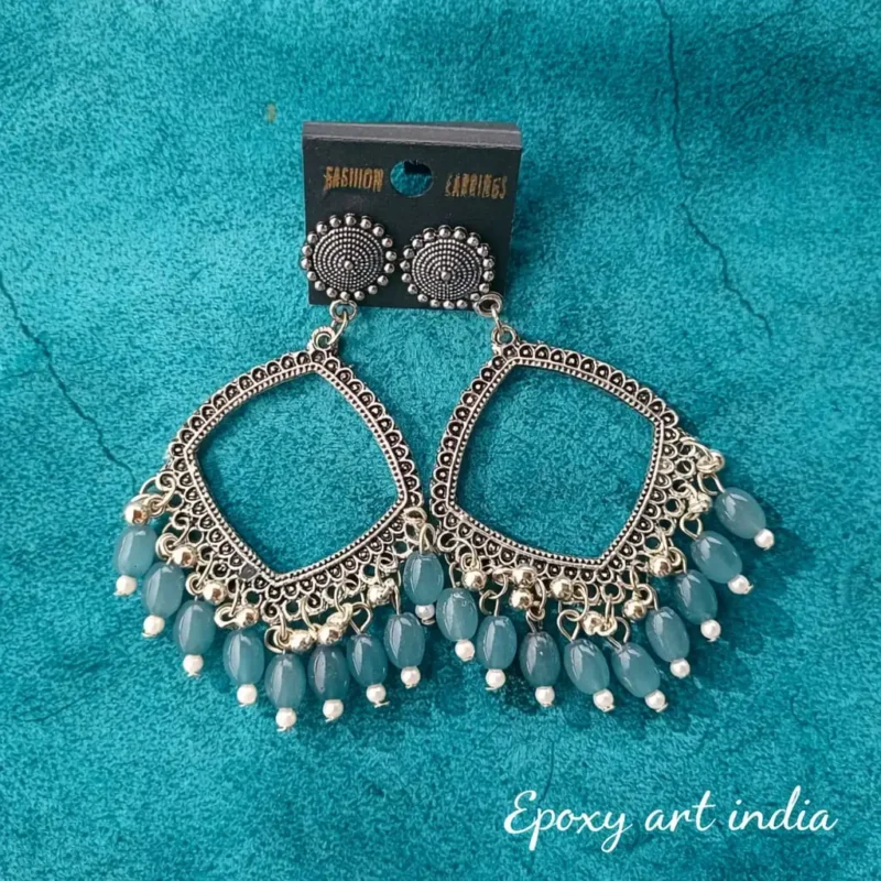 Silver Square Shape Jhumka with Steel Blue Beads for Resin Art