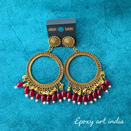 Golden Round Shape Jhumka with Red Wine Beads for Resin Art