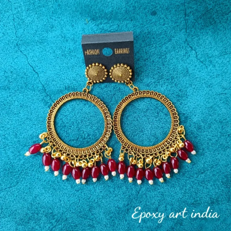 Golden Round Shape Jhumka with Red Wine Beads for Resin Art
