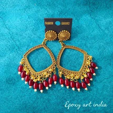 Golden Square Shape Jhumka with Red Wine Beads for Resin Art
