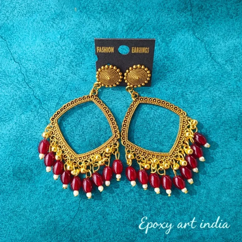 Golden Square Shape Jhumka with Red Wine Beads for Resin Art