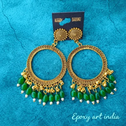 Golden Round Shape Jhumka with Green Beads for Resin Art