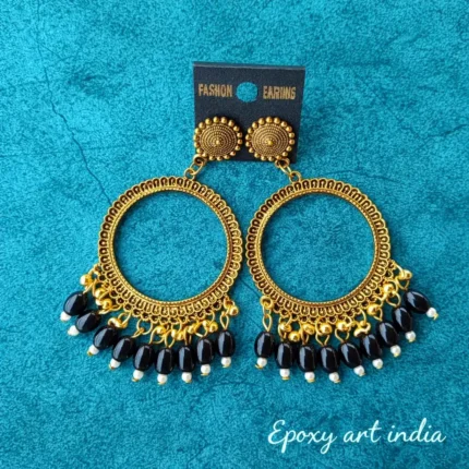 Golden Round Shape Jhumka with Black Beads for Resin Art