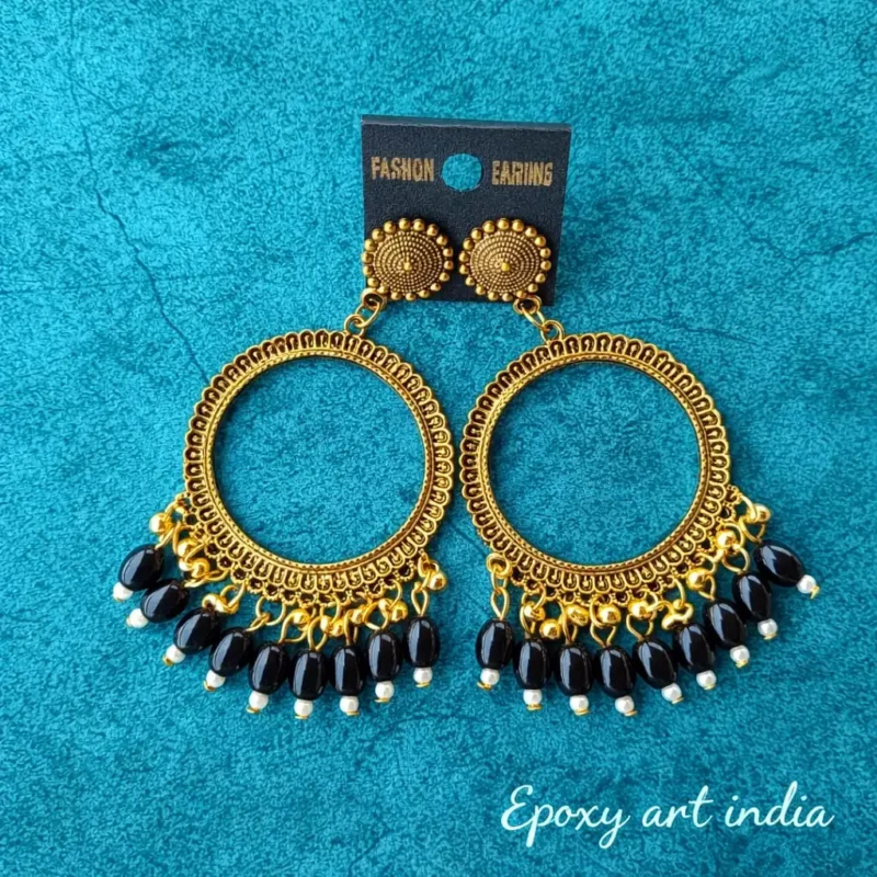 Golden Round Shape Jhumka with Black Beads for Resin Art