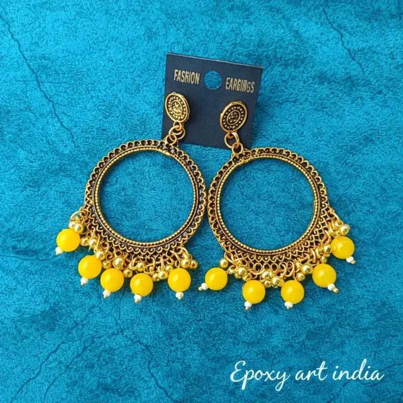 Golden Round Shape Jhumka with Yellow Round Beads for Resin Art