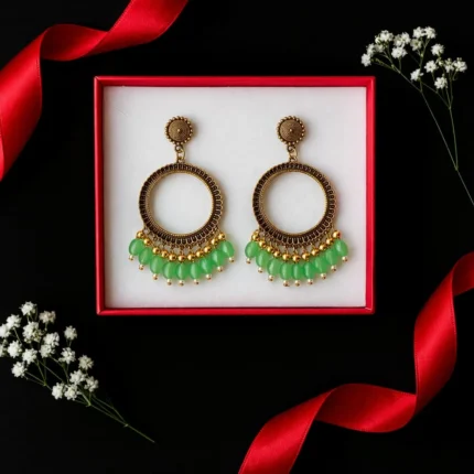 Golden Round Shape Jhumka with Light Green Beads for Resin Art