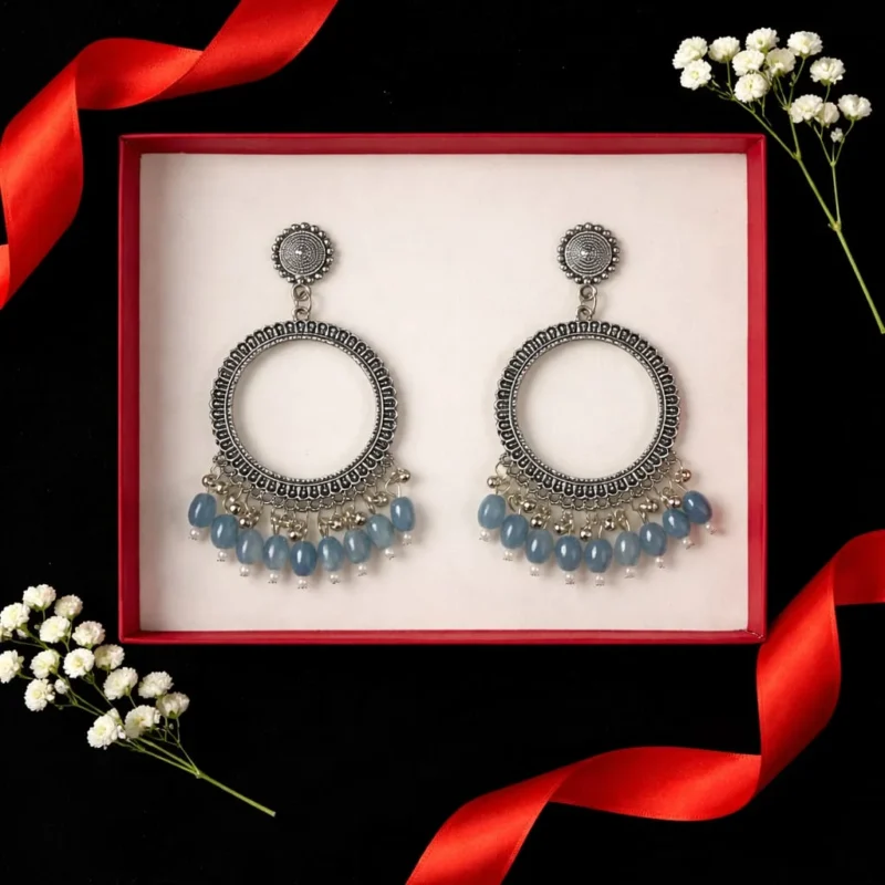 Silver Round Shape Jhumka with Steel Blue Beads for Resin Art