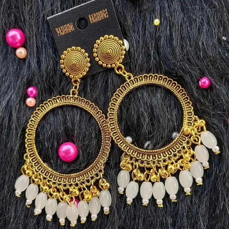 Golden Jhumka White Beaded Round Bezel Pendant | Handmade Epoxy Resin Jewelry