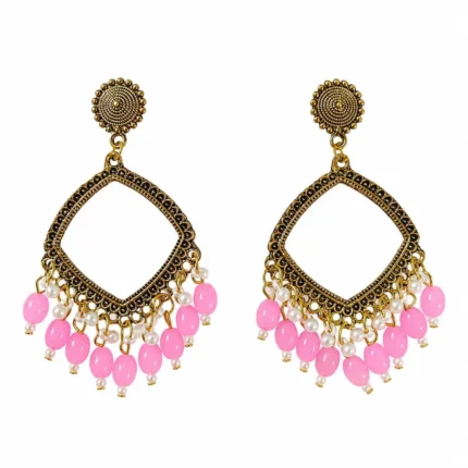 Golden Square Shape Jhumka with Pink Beads for Resin Art