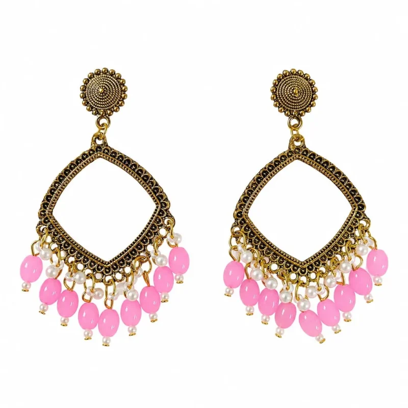 Golden Square Shape Jhumka with Pink Beads for Resin Art