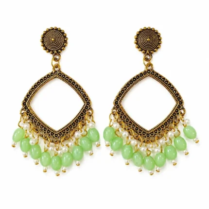 Golden Jhumka Green Beaded Square Bezel Pendant | Handmade Epoxy Resin Jewelry