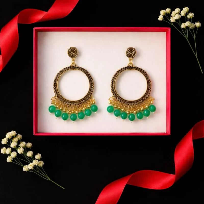Golden Round Shape Jhumka with Green Round Beads for Resin Art