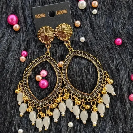 Golden Jhumka White Beaded Eye Shape Bezel Pendant | Handmade Epoxy Resin Jewelry