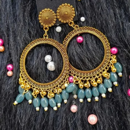 Golden Jhumka Marble Blue Beaded Round Bezel Pendant | Handmade Epoxy Resin Jewelry