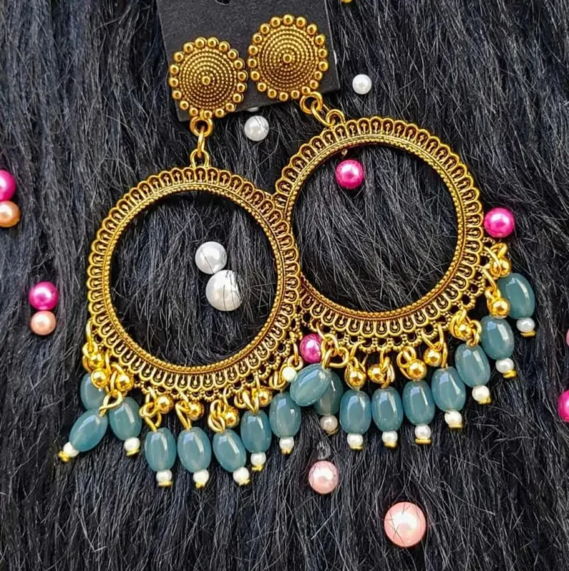 Golden Jhumka Marble Blue Beaded Round Bezel Pendant | Handmade Epoxy Resin Jewelry