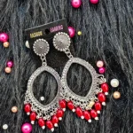 Silver Jhumka Red Beaded Eye Shape Bezel Pendant | Handmade Epoxy Resin Jewelry