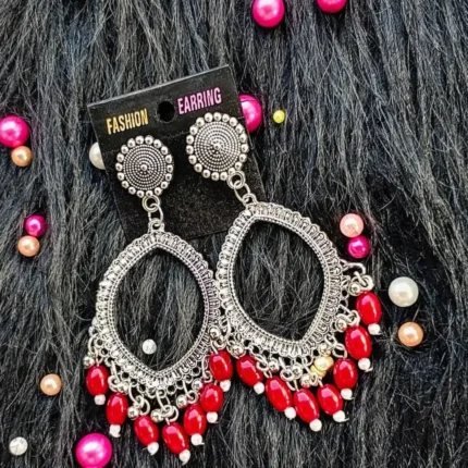 Silver Jhumka Red Beaded Eye Shape Bezel Pendant | Handmade Epoxy Resin Jewelry
