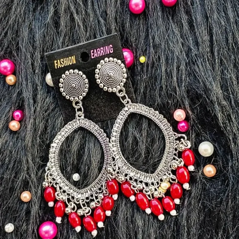 Silver Jhumka Red Beaded Eye Shape Bezel Pendant | Handmade Epoxy Resin Jewelry