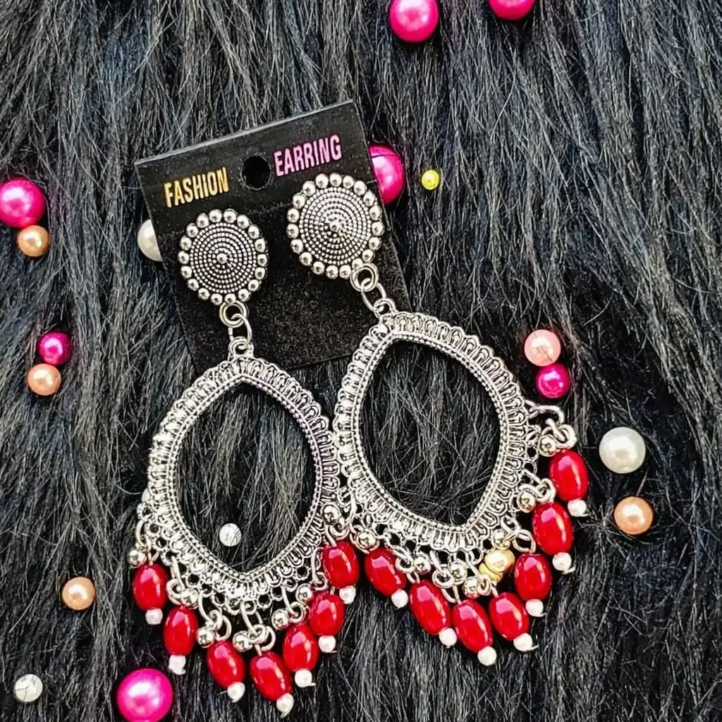 Silver Jhumka Red Beaded Eye Shape Bezel Pendant | Handmade Epoxy Resin Jewelry Silver Jhumka Red Beaded Eye Shape Bezel Pendant | Handmade Epoxy Resin Jewelry