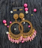 Golden Jhumka Pink Beaded Round Bezel Pendant | Handmade Epoxy Resin Jewelry