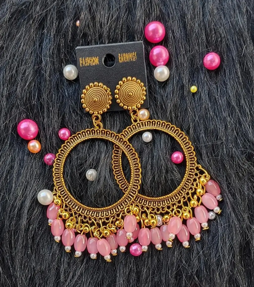 Golden Jhumka Pink Beaded Round Bezel Pendant | Handmade Epoxy Resin Jewelry Golden Jhumka Pink Beaded Round Bezel Pendant | Handmade Epoxy Resin Jewelry