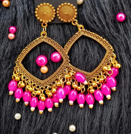 Golden Jhumka Magenta Beaded Square Bezel Pendant | Handmade Epoxy Resin Jewelry