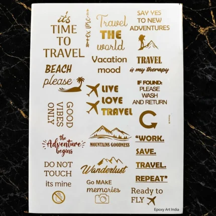 Travel Theme Embossed Sticker Sheet A4 – Gold Foil Stickers for Resin Art & Crafts