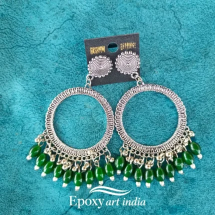Silver Round Shape Jhumka with Green Beads for Resin Art