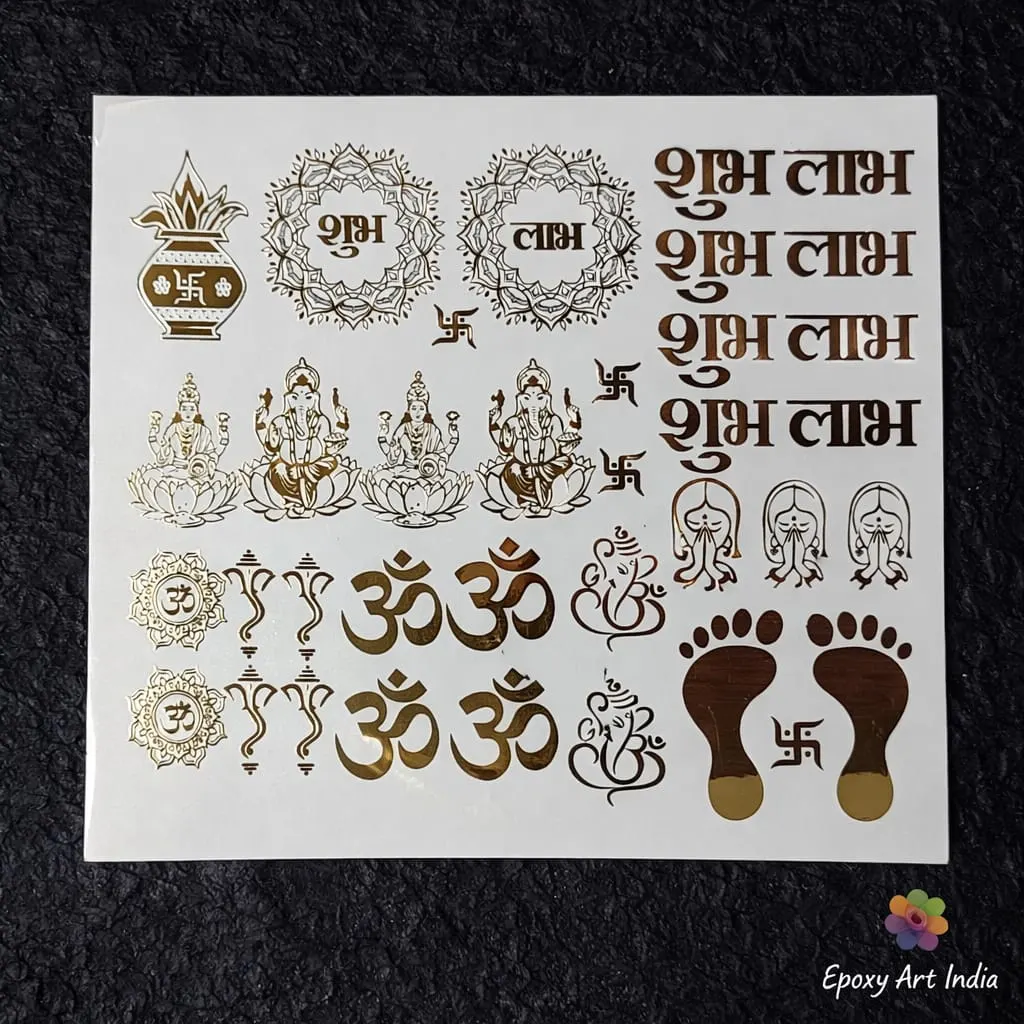 Diwali Shubh Labh Embossed Gold Sticker Sheet – A4 for Resin Art Diwali Shubh Labh Embossed Gold Sticker Sheet – A4 for Resin Art