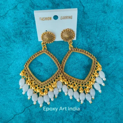 Golden Square Shape Jhumka with Gray Beads for Resin Art