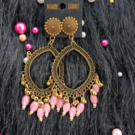 Golden Jhumka Pink Beaded Eye Shape Bezel Pendant | Handmade Epoxy Resin Jewelry