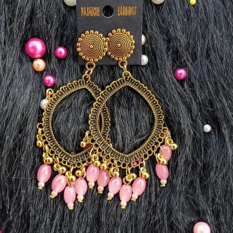 Golden Jhumka Pink Beaded Eye Shape Bezel Pendant | Handmade Epoxy Resin Jewelry
