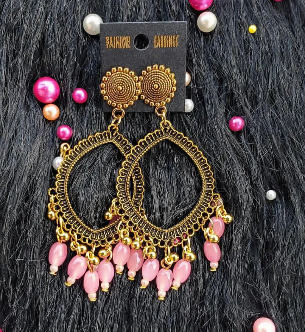 Golden Jhumka Pink Beaded Eye Shape Bezel Pendant | Handmade Epoxy Resin Jewelry Golden Jhumka Pink Beaded Eye Shape Bezel Pendant | Handmade Epoxy Resin Jewelry