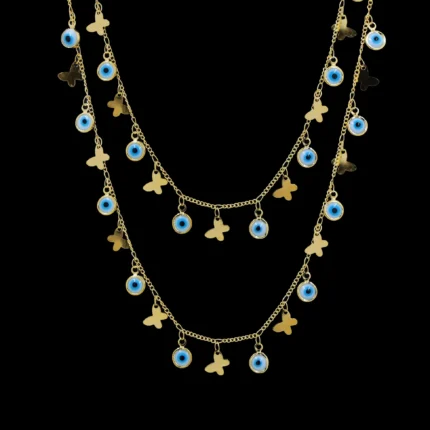 Evil Eye Butterfly Layered Gold Necklace | Trendy Protective Charm Jewelry | Resin Art Pendant Chain