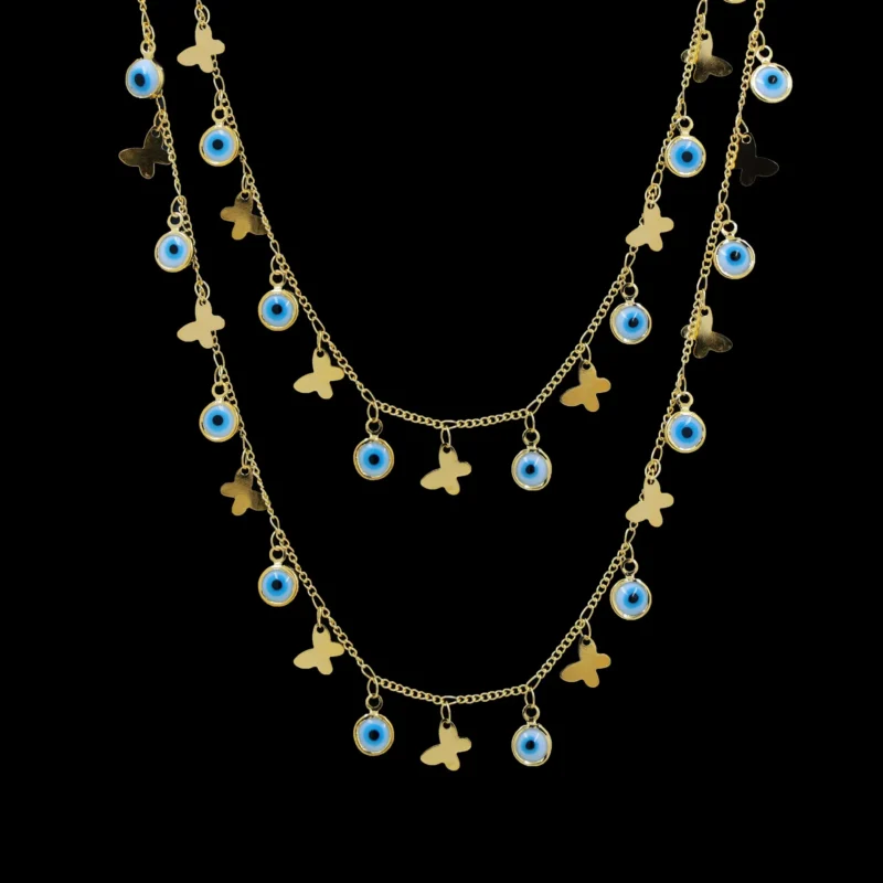 Evil Eye Butterfly Layered Gold Necklace | Trendy Protective Charm Jewelry | Resin Art Pendant Chain