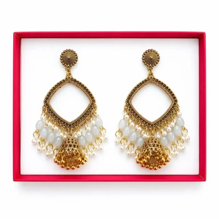 Golden Square Shape Jhumka with Grey Beads & Jhumar for Resin Art
