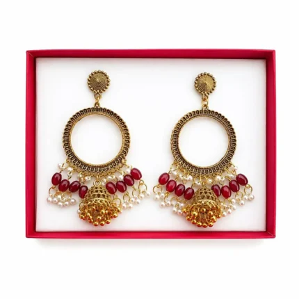 Golden Round Shape Jhumka with Red Wine Beads & Jhumar for Resin Art