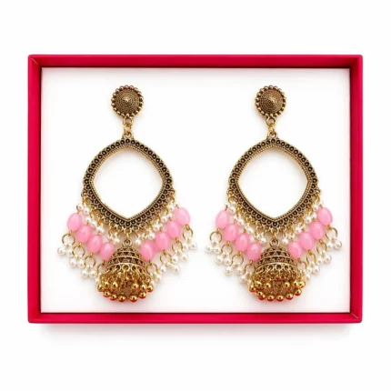 Golden Square Shape Jhumka with Light Pink Beads & Jhumar for Resin Art,