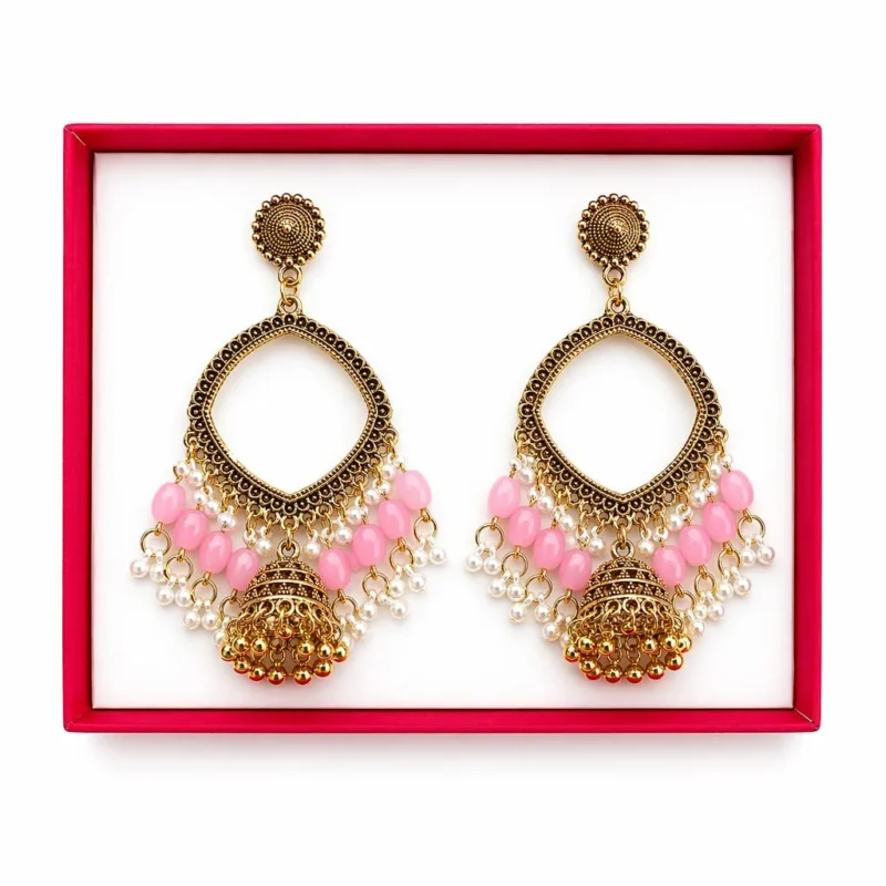 Golden Square Shape Jhumka with Light Pink Beads & Jhumar for Resin Art,