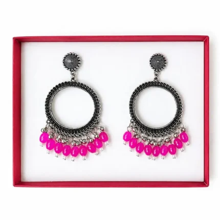 Silver Round Jhumka with Magenta Pink Beads for Resin Art