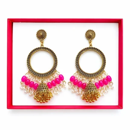 Golden Round Shape Jhumka with Magenta Beads & Jhumar for Resin Art