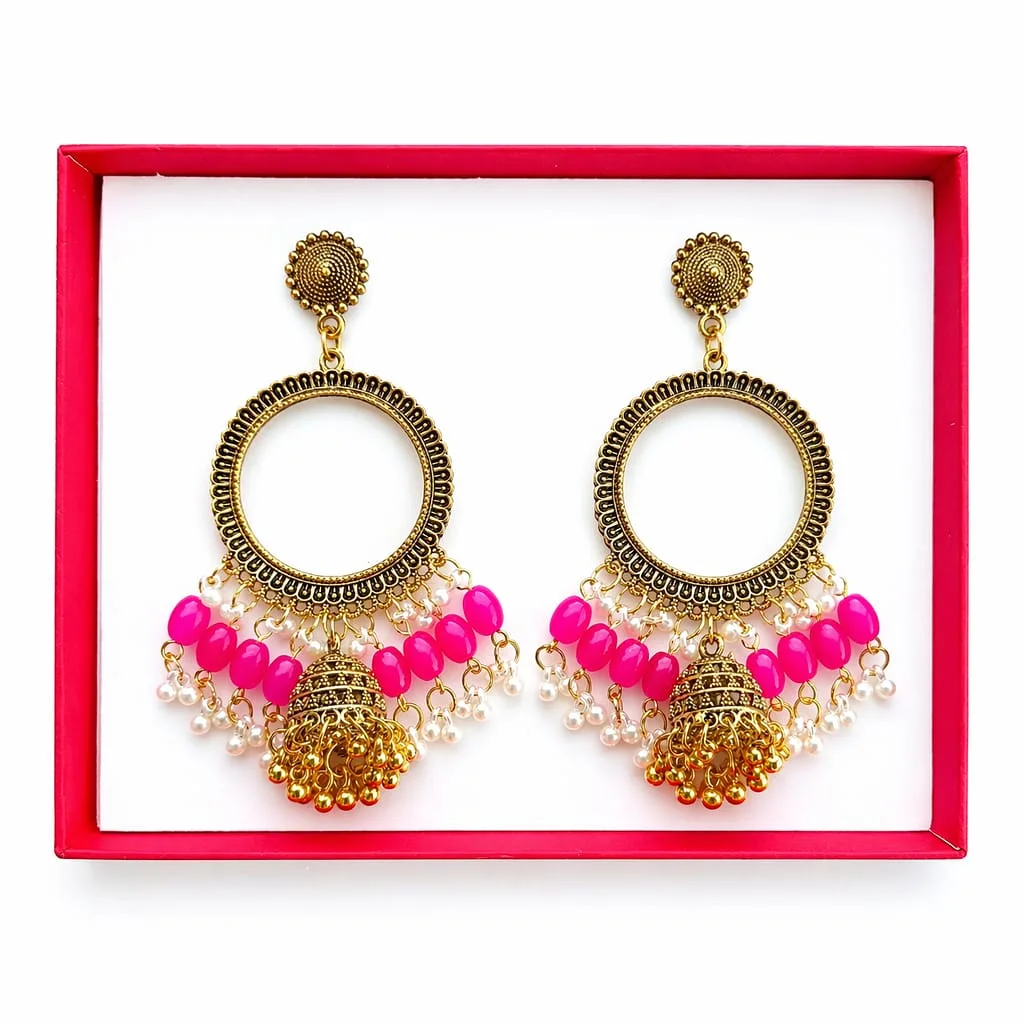 Golden Round Shape Jhumka with Magenta Beads & Jhumar for Resin Art Golden Round Shape Jhumka with Magenta Beads & Jhumar for Resin Art