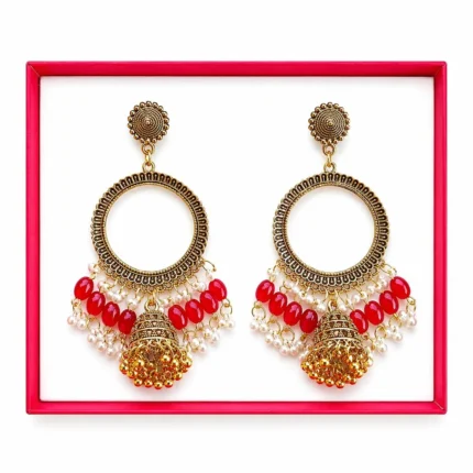 Golden Round Shape Jhumka with Red Beads & Jhumar for Resin Art