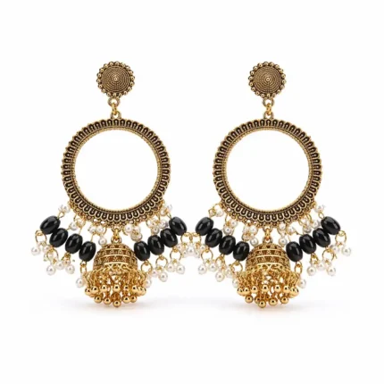 Golden Round Shape Jhumka with Black Beads & Jhumar for Resin Art