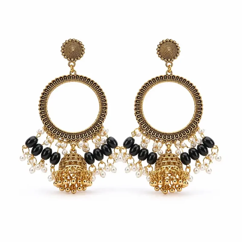 Golden Round Shape Jhumka with Black Beads & Jhumar for Resin Art
