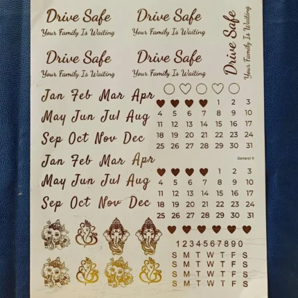 Calendar Gold Embossed Sticker Sheet with “Drive Safe” | Date & Month Foil Stickers for Resin Art
