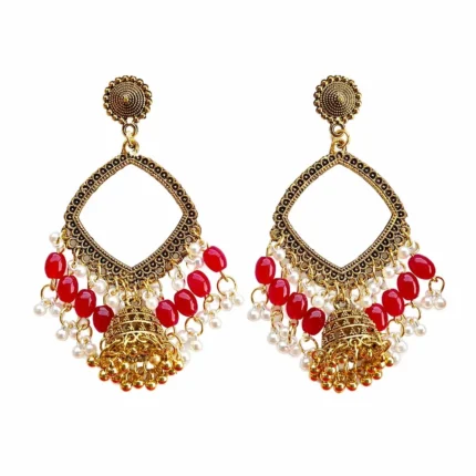 Golden Square Shape Jhumka with Red Beads & Jhumar for Resin Art