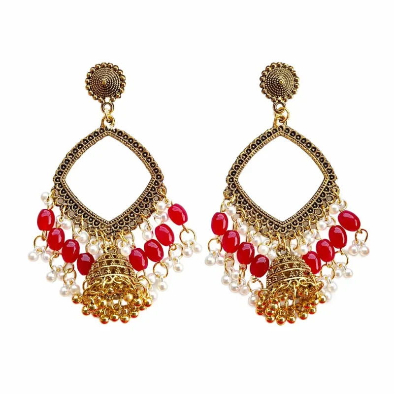 Golden Square Shape Jhumka with Red Beads & Jhumar for Resin Art