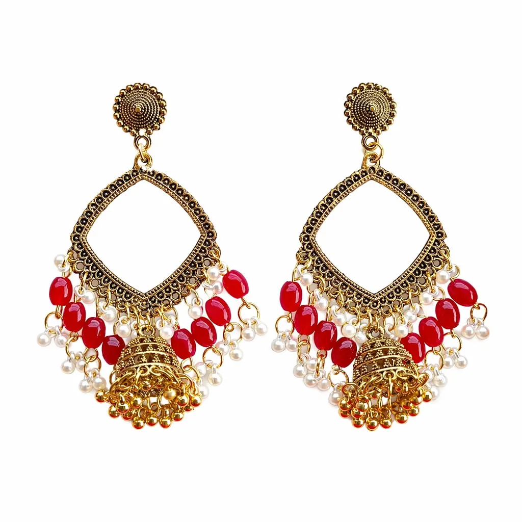 Golden Square Shape Jhumka with Red Beads & Jhumar for Resin Art Golden Square Shape Jhumka with Red Beads & Jhumar for Resin Art